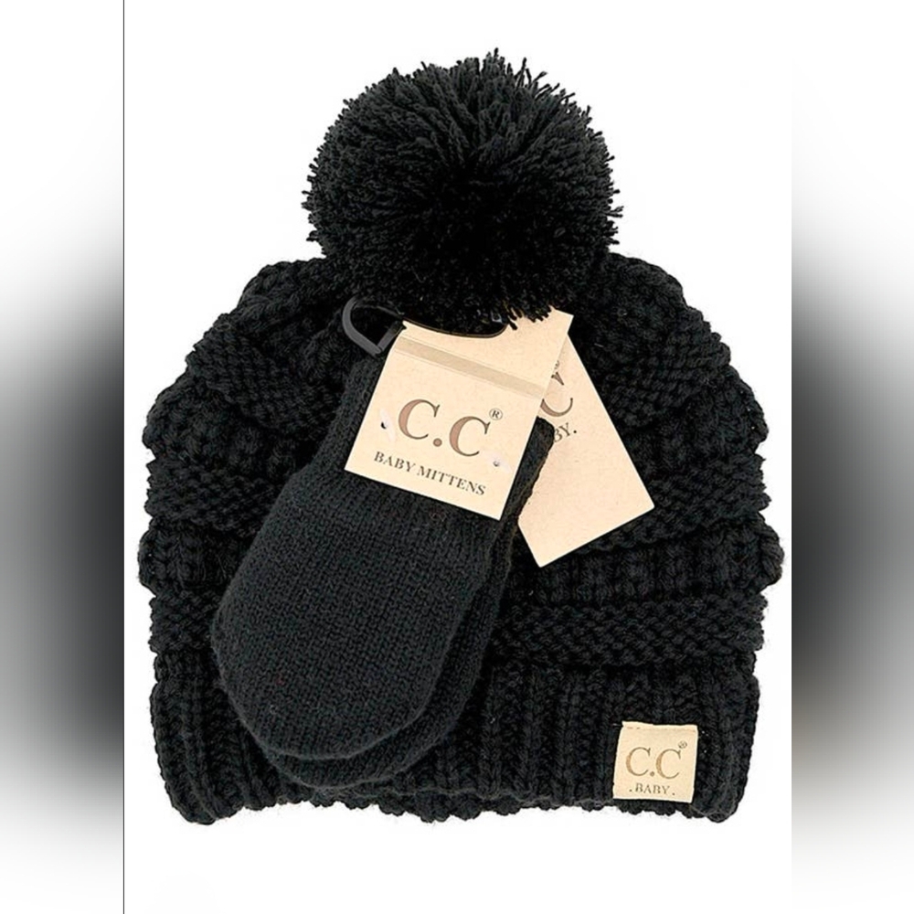 C.C Baby Pom And Mitten Set Black NWT! 0-9 Months